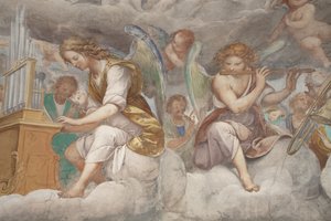 Engel, musizierende Engel und Putten, Detail des Paradieses mit ewigem Vater (Detail) von Isidoro Bianchi