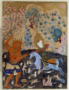 Islamische Kunst: Seite einer Falnama: Iman Reza kämpft gegen einen Div