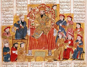 Islamische Kunst: „Ein Sultan und sein Hof“ Persische Miniatur aus einem Manuskript des Epos „Shahnameh“ (Buch der Könige) von Ferdowsi (ca. 940-1020) von Islamic School