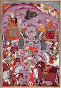 Islamische Kunst: „Das erste Treffen von Roustam und seinem Großvater Sam“. Persische Miniatur aus einem Manuskript des Epos „Shahnameh“ (Buch der Könige) von Ferdowsi (ca. 940-1020). von Islamic School