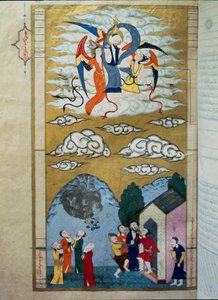 Islamische Darstellung des Aufstiegs des Propheten Isa (Isa ibn Marym: Jesus). Miniatur aus dem Manuskript „Zubdat al Tawarikh“ (Creme der Geschichten) von Historiker Seyyyid Loqman Ashuri von Islamic School
