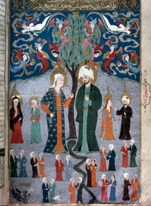Islamische Darstellung von Adam und Eva, Miniatur aus dem Manuskript Zubdat al Tawarikh von Seyyid Loqman Ashuri, 1538, Türkisches und Islamisches Kunstmuseum, Istanbul von Islamic School