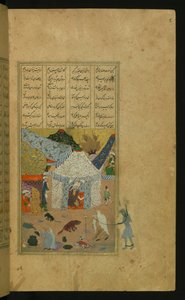Majnun, in Ketten, wird von der alten Frau zu Laylás Zelt geführt