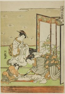 Schneiden und Nähen (Tachinui), aus der Serie "Sammlung modischer Fertigkeiten (Furyu shogei zukushi)"