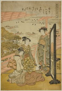 Abendrot bei Matsusaki (Matsusaki no sekisho), aus der Serie "Acht modische Ansichten von Edo (Furyu Edo hakkei)" von Isoda Koryusai
