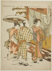 Karauta von Ogiya im Abendschnee (Ogiya Karauta bosetsu), aus der Serie „Acht Ansichten berühmter Schönheiten der Vergnügungsviertel (Seiro meifu hakkei)“ von Isoda Koryusai