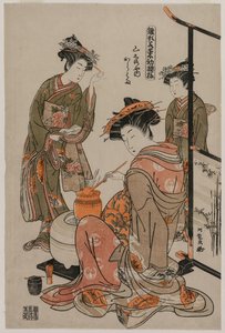 Die Kurtisane Karahama von Yamashiroya führt die Teezeremonie durch (aus der Serie Modelle für Mode: Neue Designs so frisch wie junge Blätter) von Isoda Koryusai