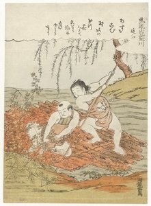 Zwei Jungen sammeln Hagi (Zweige mit Blättern) von einem Floß auf einem Fluss von Isoda Koryusai