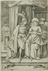 Ein Mann und eine Frau auf einem Bett sitzend von Israhel van Meckenem the younger