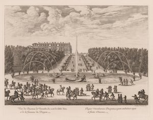 Ansicht des Schlosses von Versailles, von der Seite der Allee und des Drachenbrunnens