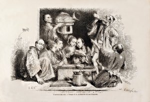 Eine kleine Party trinkt Sake, aus der italienischen Ausgabe von Tour du Monde, 1869 von Italian School