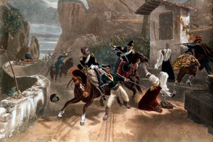 Ein Kampf zwischen Banditen und den Karabinieri des Papstes in Sardinien, Italien. 19. Jahrhundert von Italian School