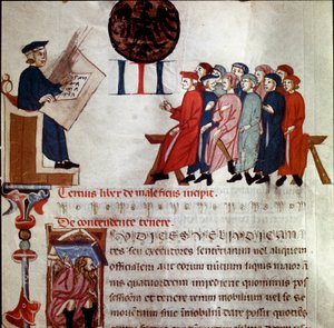 Ein mächtiger Mann hält eine Versammlung (Detail, Miniatur aus „Breve Populi et Compagniarum Pisani Communis“, 1300-1308) von Italian School