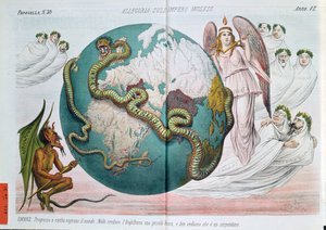 Allegorie des britischen Empire, das die Welt erwürgt, satirische Karikatur aus Le Perroquet (Il Papagallo), 1878 von Italian School