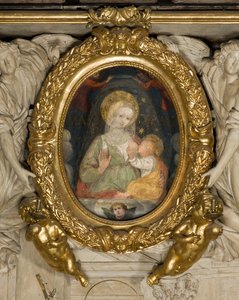 Altar des Heiligen Eusebius, Fresko Unsere Liebe Frau des Friedens 15. Jahrhundert, Eingefügt in den Rahmen mit Engeln 1622 von Italian School