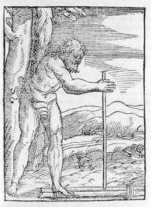 Ein Indianer der Tainos entzündet ein Feuer durch Reiben zweier Holzstücke. Gravur aus „Navigationi und Viaggi“ von Giovanni Battista Ramusio, Bd. III, Venedig 1565