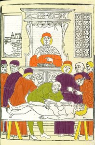 Anatomische Dissektion. Gravur aus einem medizinischen Traktat von Gerolamo Cardano, Florenz