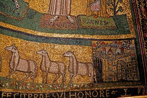 Apsis Detail, Bethlehem und Schafe (Mosaik)
