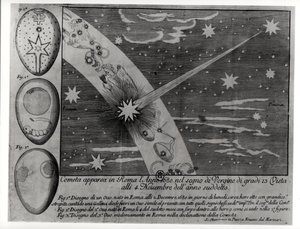 Astrologisches Diagramm des Kometen, der während der Jungfrau in Rom erschien und bis November 1680 sichtbar blieb von Italian School