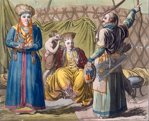 Buryat-Familie in einem Innenraum, aus Costume dei... von Giulio Ferrario, ca. 1820er-30er Jahre von Italian School