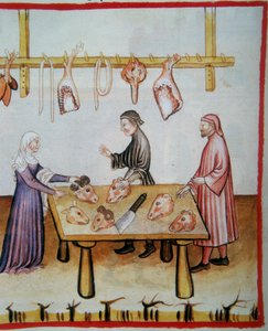 Schlachten von Tierköpfen. Illumination aus dem Codex Vindobonensis Series Nova 2644 (fol.76v), Tacuinum Sanitatis