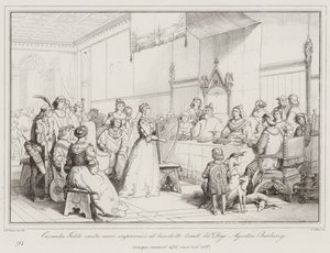Cassandra Fedele singt improvisierte Verse beim Bankett des Dogen Agostino Barbarigo...
