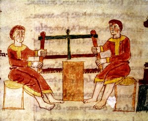 Codex 132 Livre 14 Kap.25 Zwei Männer sägen Holz, aus De Universo von Rabanus Maurus (ca. 780-856) 1023