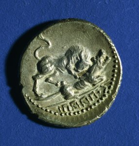 Münze der italischen Stämme mit einem Stier, der die römische Wölfin angreift, 89-90 v. Chr.