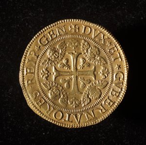 Währung der Republik Genua: 12,5 Gold-Doppie-Münze. Durchm. 61 mm. 1656. Vorderseite. Genua Musei di Strada Nuova (inv. 6456)