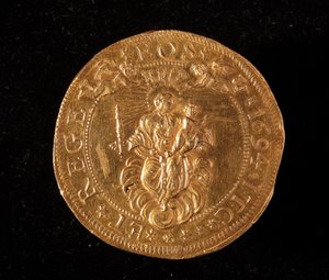 Währung der Republik Genua: 25 Gold-Doppie-Münze. Durchmesser 52,5 mm. 1694. Rückseite von Italian School