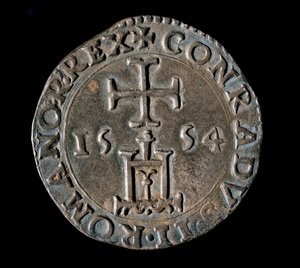 Währung der Republik Genua: silberner Teston (oder Testone) der Benediktion. Vorderseite mit Darstellung des Genua-Portals unter einem Kreuz. 1554 Genua, Musei di Strada Nuova von Italian School