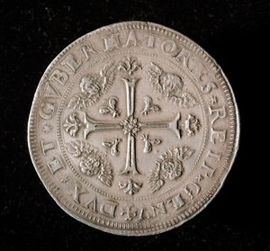 Währung der Republik Genua: Sechs-Ecus-Silbermünze. Durchm. 61,5 mm. 1715. Rückseite. Genua Musei di Strada Nuova (inv, M7156)