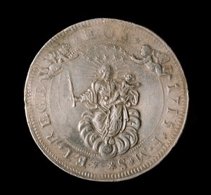 Währung der Republik Genua: Sechs-Ecus-Silbermünze. Durchmesser 61,5 mm. 1715. Vorderseite. Genua Musei di Strada Nuova (inv, M7156)