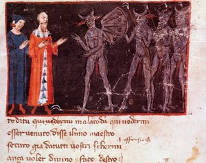 Dante und Vergil sprechen mit Malacoda, Anführer der Malebranche-Truppen (Gesang 21 aus der Hölle, in der Göttlichen Komödie) - Miniatur