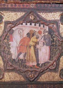 Detail eines Cassone, das die Geschichte von Saladin und Torello von Istrien zeigt, von Giovanni Boccaccio