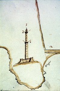 Detail einer handschriftlichen topografischen Karte des 17. Jahrhunderts, die die Position der Laterne von Genua zeigt
