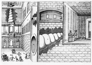 Gerät zum Abhören von Gesprächen auf einem Platz, Illustration aus Musurgia Universalis von Athanasius Kircher (1601-80), veröffentlicht in Rom, 1650
