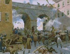 Ereignisse vom 18. bis 22. März 1848, Mailänder vertreiben die Österreicher, Illustration aus einem Album zur Geschichte des Risorgimento für die Schokolade Talmone, späte 19. Jahrhundert