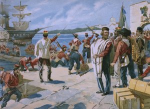 Expedition der Tausend unter der Führung von Giuseppe Garibaldi, Landung in Marsala, Sizilien, 1860, Illustration aus einem Album zur Geschichte des Risorgimento für die Schokolade Talmone, späte 19. Jahrhundert