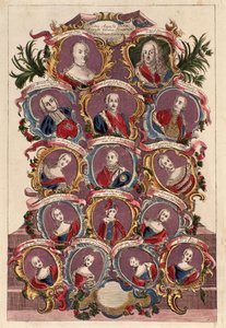 Stammbaum der Kaiserin Maria Theresia von Habsburg (1717-1780) mit Ehemann Franz I. und Kindern: Maria Elisabeth, Joseph II., Maria Amalia, Leopold II., Ferdinand und Maximilian von Italian School