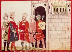 Federico II. erreicht eine Einigung mit dem Sultan von Jerusalem, Miniatur aus den Chroniken von Giovanni Villani, Manuskript, Italien, 14. Jahrhundert