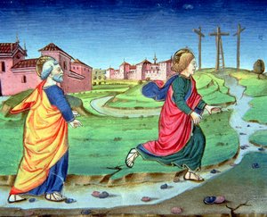 Fol.129vb Maria Magdalena überbringt Simon Petrus die Nachricht von der Auferstehung