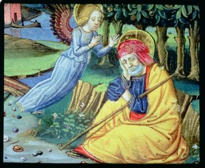 Fol.37v Ein Engel sagt Joseph, dass Maria schwanger ist