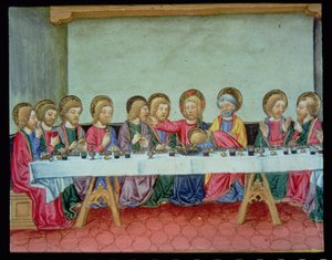Fol.99v Während des letzten Abendmahls kündigt Christus an, dass einer der Apostel ihn verraten wird