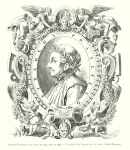 Francesco Petrarca, geboren in Arezzo 1304, gestorben 1374, Faksimile eines Porträts aus dem 16. Jahrhundert, British Museum (Gravur)