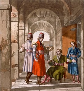 Georgische Männer plaudern und rauchen in einer Arkade, ca. 1820er-30er Jahre