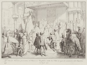 Die Veroneser Gesandten überreichen die Schlüssel und Standarten ihrer Stadt als Zeichen der Unterwerfung (Gravur)