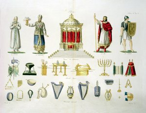 Hebräischer Levi, Priester, König und Soldat mit heiligen Einrichtungsgegenständen und Musikinstrumenten, Tafel 2, Klasse 1 aus Teil I der Geschichte der Nationen, graviert von Marco Comirati (ca. 1800-69)