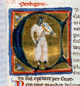 Historische Initiale (Buchstabe A). Der Troubadour Perdigon spielt die alte Weise von Italian School