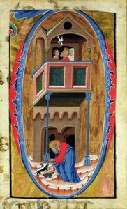 Historisierte Initiale D, die Szenen aus der Legende eines Heiligen zeigt, Ende des 14. Jahrhunderts von Italian School
